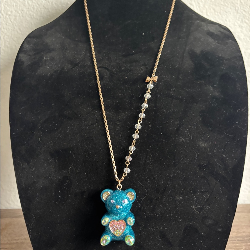Betsey Johnson Blue Glitter Bear Pendant Necklace NWOT